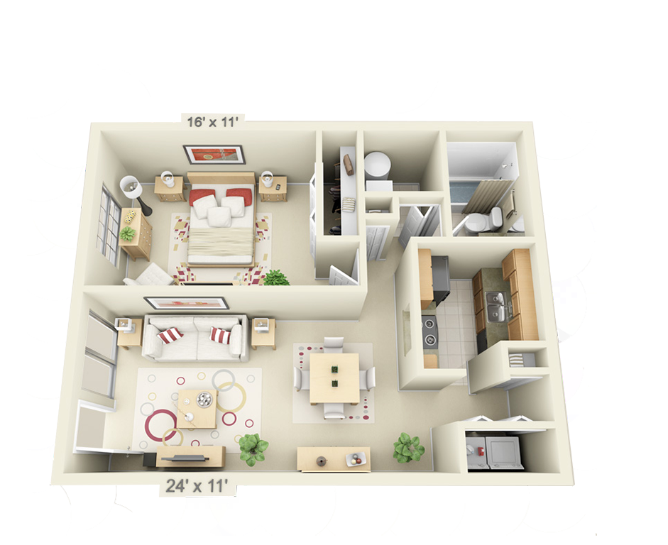 Floor plan for 1 bed, 1 bath, 732 sqft